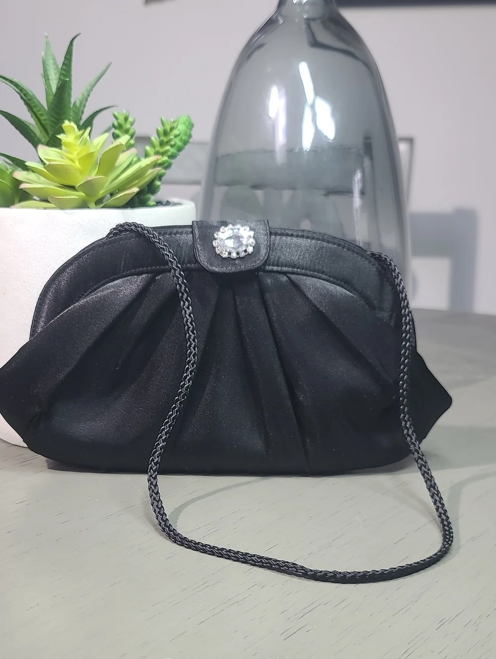 Style&Co Elegant Black Satin  Evening Clutch with Rhinestone Accent